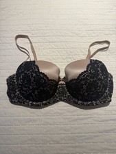 VINTAGE Victoria's Secret tan w/ black lace push-up balconette bra size 34D