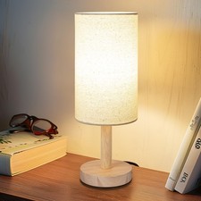 Small Table Lamp for Bedroom, Nightstand Lamp Linen Lampshade Bedroom Wood Ba...
