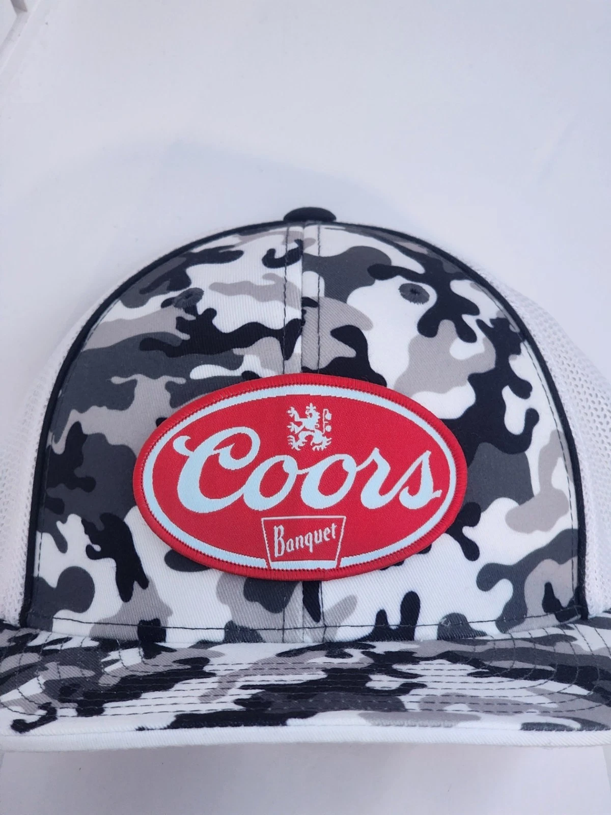 Banquet Coors Patched Pacific Headwear Snow Camo Flexfit Trucker Hat