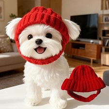 Red Knit Dog Hat with Ear Flaps Warm Winter Hat, Dog Christmas New Year Hat---
