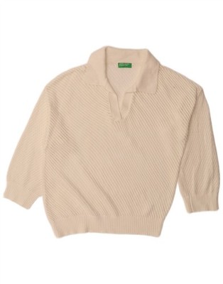Benetton Damen Häkel Polokragen Pullover Pulli UK 14 Large weiß DL02