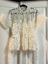 Alexis Blouse Womens Small White Sheer Embroidered Lace Short Sleeve Belted
