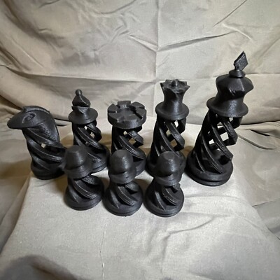 Unique Black Spiral Chess Piece Set - 3D Printed - 16 Pieces