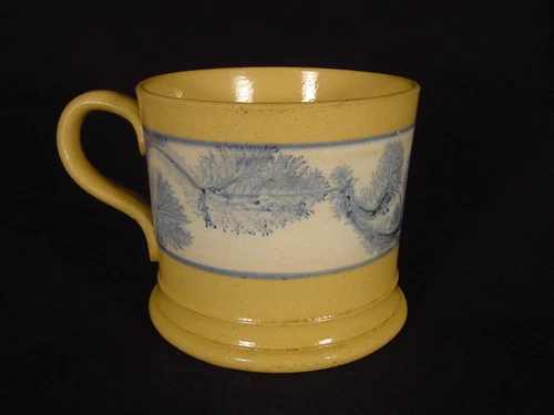 RARE 1800s BLUE SEAWEED MOCHA MUG MOCHAWARE YELLOW WARE 