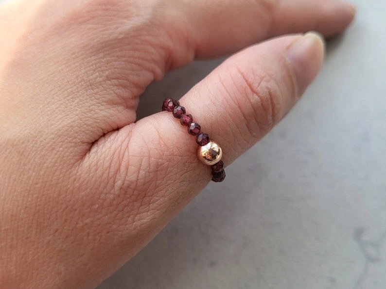 A++ Dainty Red Garnet Faceted Round Gemstone Beads Stretchable Rings For Girls - Image 3 of 4