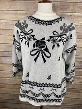 Vintage Jamie Scott Large  Sweater Cherub Floral Bows White Black Gray 90  s