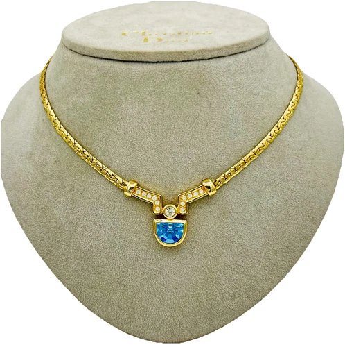 Come nuovo collana vintage DIOR cristallo blu placcato oro girocollo gioielli circa 38 39 cm.