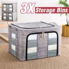 3 Pack Large Grey Home Clothes Storage Box 66L - Foldable Boxes Zipped Organiser