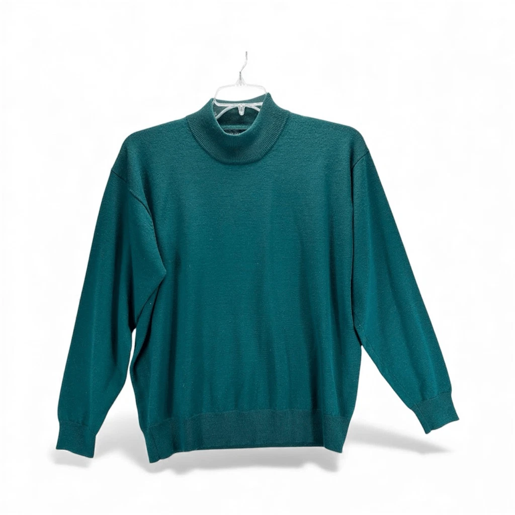 Lands’ End Men’s 100% Merino Wool Mock Neck Sweater Green Holiday L 42-44