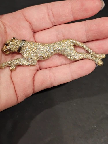 VTG Art Deco Gold Tone Large Cat Jaguar Panther Rhinestone Brooch Jewelry Pin