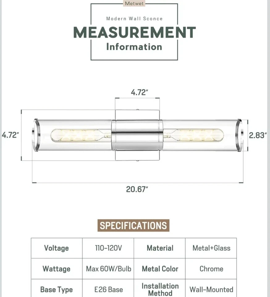 Lámparas de tocador de baño, luces de pared cromadas en pared interior de vidrio transparente... Foto 3 de 4