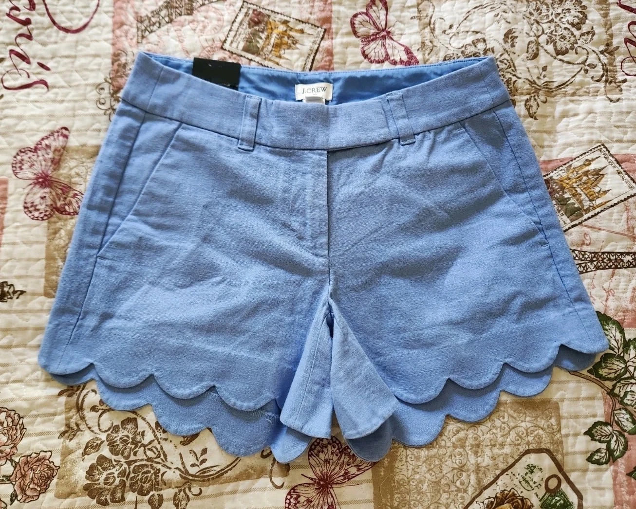 J.Crew Blue Linen Cotton Blend Scalloped Hem Shorts Women's Size 00