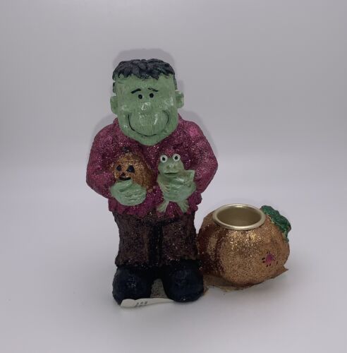 Frankenstein Halloween Taper Candle Holder Glitter Cute 5 in Frog Pumpkin - Picture 1 of 5