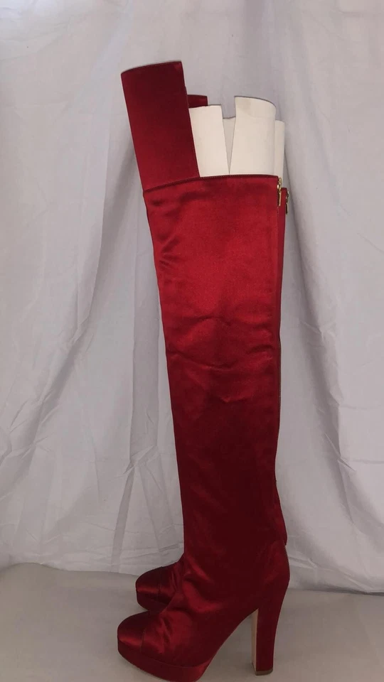 38.5/8❤️CHANEL Runway Red SALTOS ALTOS ACIMA DO JOELHO Plataforma Botas de Couro OTK - Imagem 2 de 4