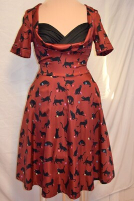 Lindy Bop Vtg Inspired Sweetheart Neck Swing Skirt Fitted Dress Cat Print-4/6-EC