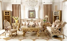 NEW 2PC Champagne Gold Fabric Sofa Loveseat Carved Wood Regal Traditional Set