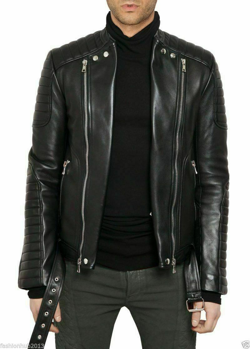 Chaqueta de motocicleta de cuero negro para hombre Abrigo con cinturón Chaque...