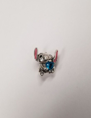 Lilo & Stitch Winking Stitch Holding Blue CZ Heart 925 Sterling Silver Charm