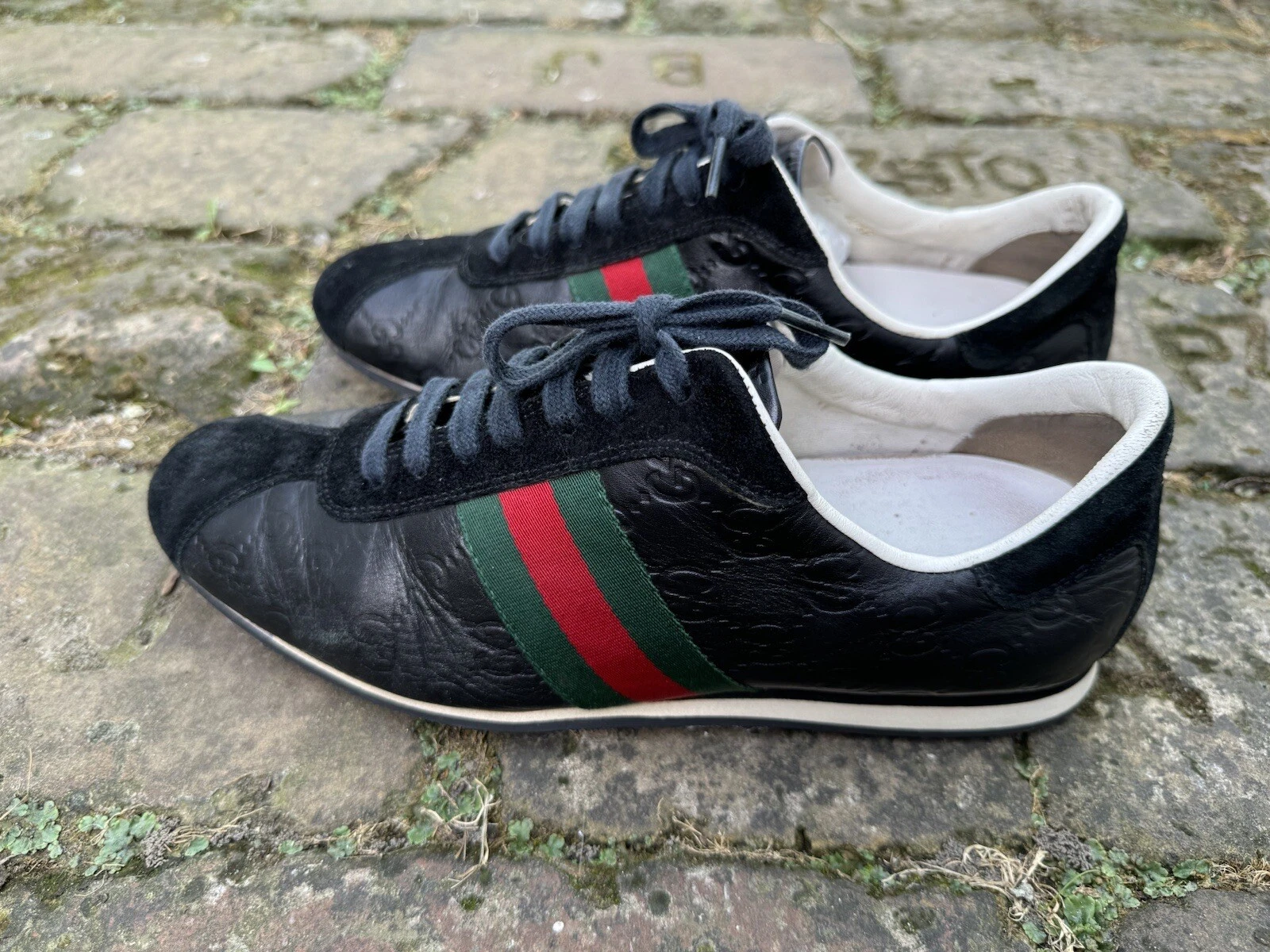 ✨Gucci✨(138732) Baskets en cuir gaufré logo noir avec rayures vertes/rouge