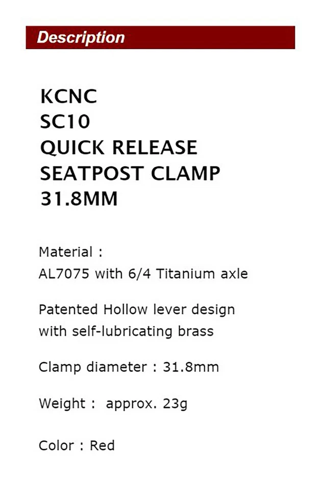 NEW KCNC SC10 QUICK RELEASE QR SEATPOST CLAMP 31.8MM AL7075, RED - Image 2 of 4