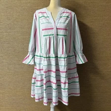 Crown & Ivy Dress Womens L Green Pink Stripe 3/4 Bell Sleeves Tiered Knee Length