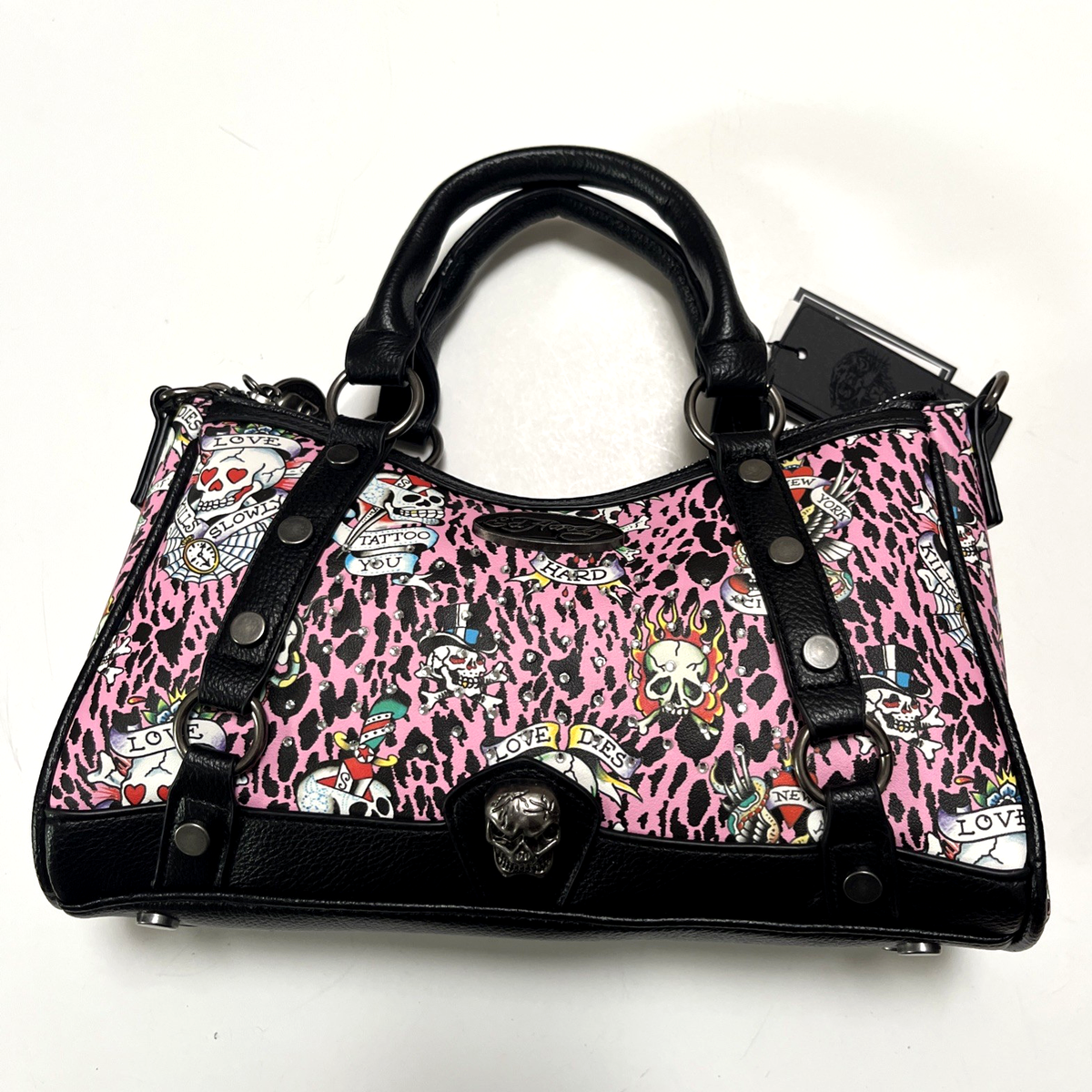 fuckthisindustry punkandyo バック NWT Ed Hardy Pink Leopard Tattoo Skull Rhinestone Satchel Y2K