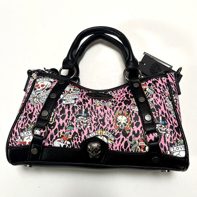 NWT Ed Hardy Pink Leopard Tattoo Skull Rhinestone Satchel Y2K