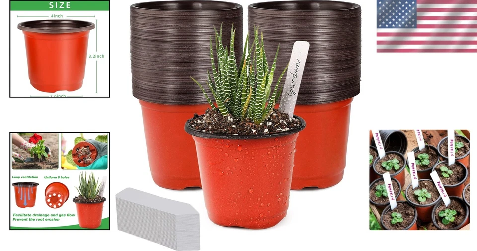 Macetas de plástico para vivero - 4 pulgadas, 100 piezas con etiquetas, duraderas y reutilizables Foto 2 de 4