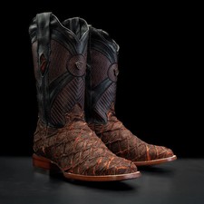 Genuine Leather Monster Fish Royal Pirarucu Print Square Toe Western Boot-Cognac