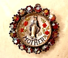 ART DECO ANTIQUE BUBBLE GLASS RED RHINESTONE PENDANT MIRACULOUS MEDAL MARY  1830