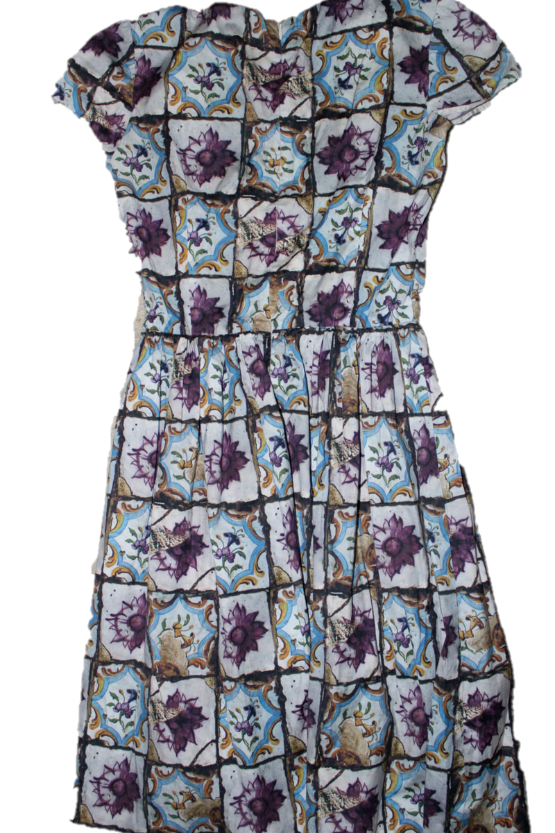 Prada Flower Art Design Short Sleeve Dress Blue Purple Women Rare