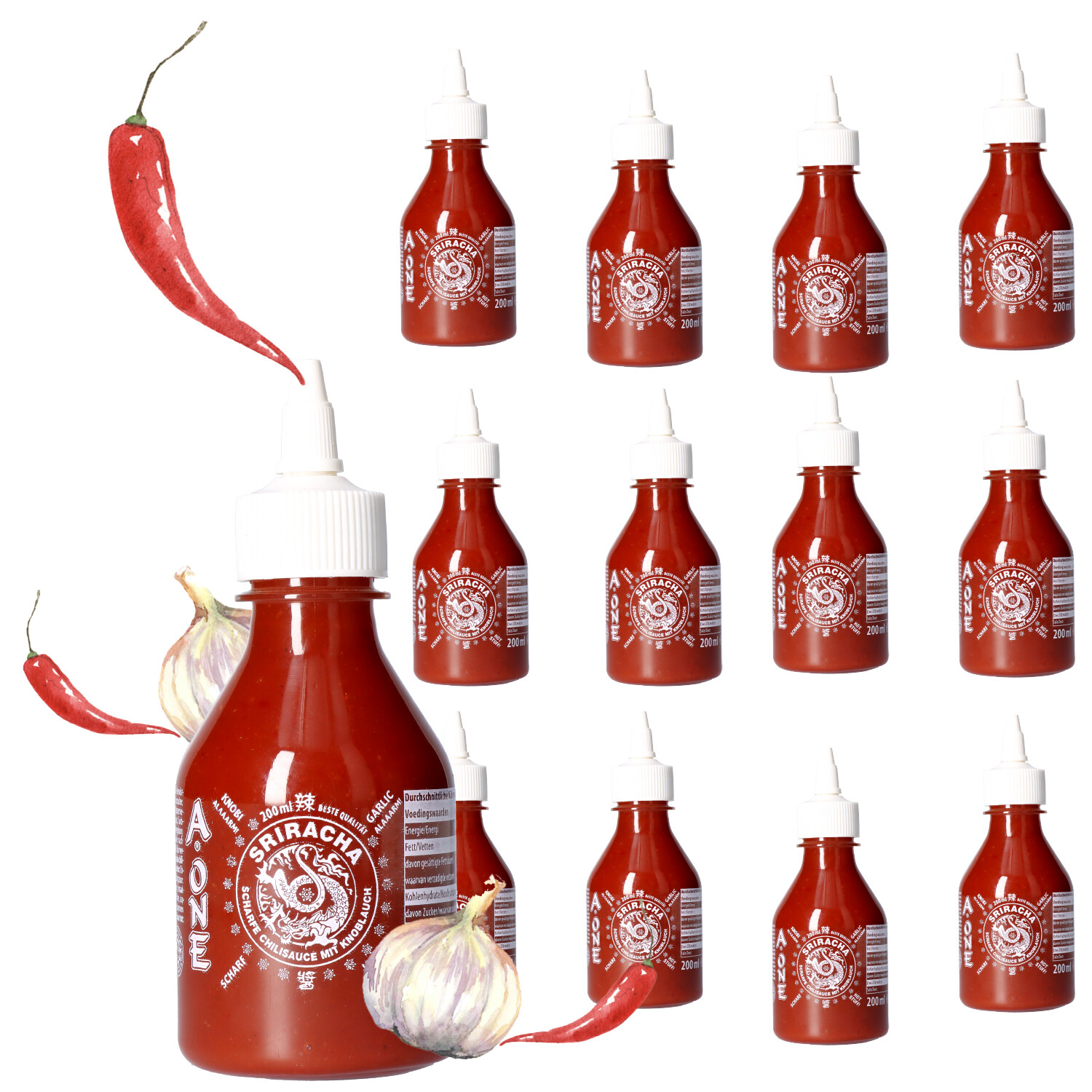 A-ONE Sriracha Sauce mit Knoblauch 12 x 200ml - scharfe Chilli Garlic Chilisauce