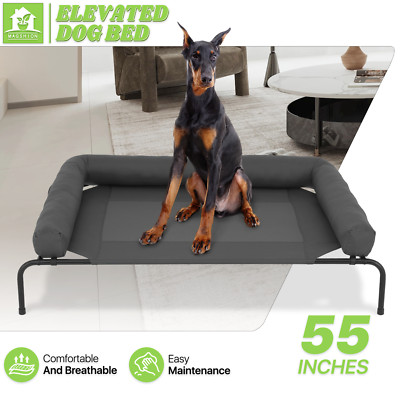 55'' Elevated Cooling Dog Bed Durable Steel Frame Gray Mesh w/Detachable Headrest