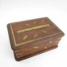 Antique Arts & Crafts Art Nouveau Wood Brass Box Cigarette Dispenser Brass Inlay