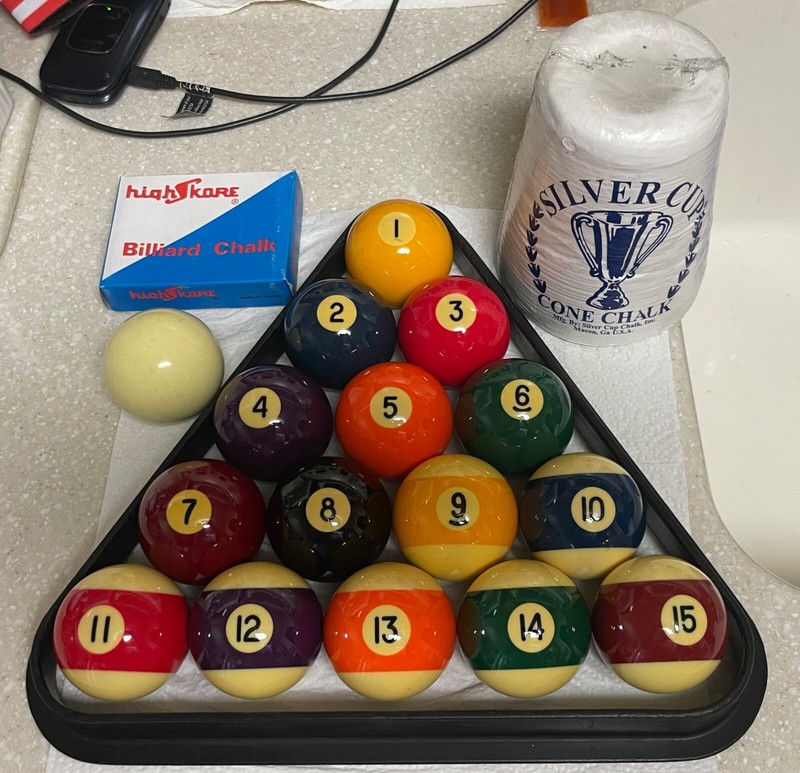 CLEANED & POLISHED ARAMITH “PREMIER” POOL BALLS W/8 BALL RACK, POWDER, 12 CHALK