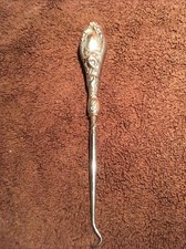 Art Nouveau Silver Button Hook/Shoe Tool-Woman's Face w/Flowers ca 1900