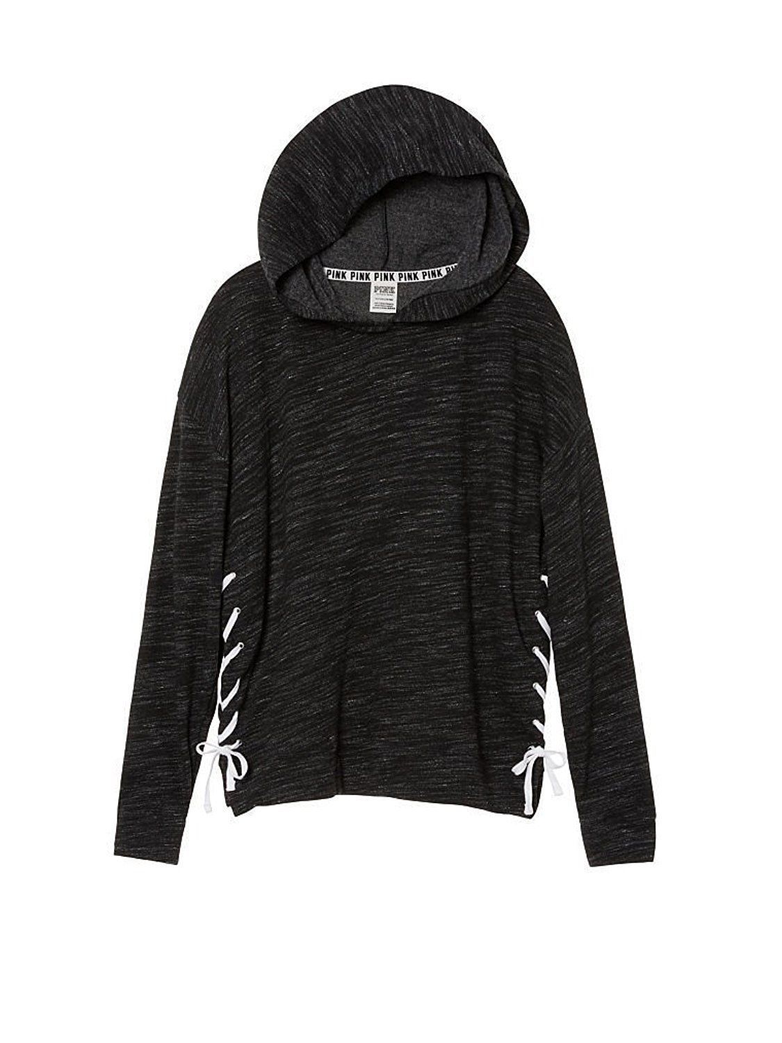 .VICTORIA'S SECRET PINK NO ZIP HOODIE SWEATSHIRT BLACK MARL SIDE SLIT M RARE image 2