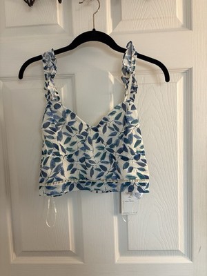 Kendall + Kylie Women L Indigo Tropical Leaf Print Ruffle Cropped Tank Top NWT