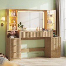 Big Vanity Desk Fluted Wood Makeup Mirror Sound Sync LED Lights Dressing Table