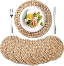 6 Pack, round Woven Placemats, Natural Water Hyacinth Wicker Place Mats, Braided