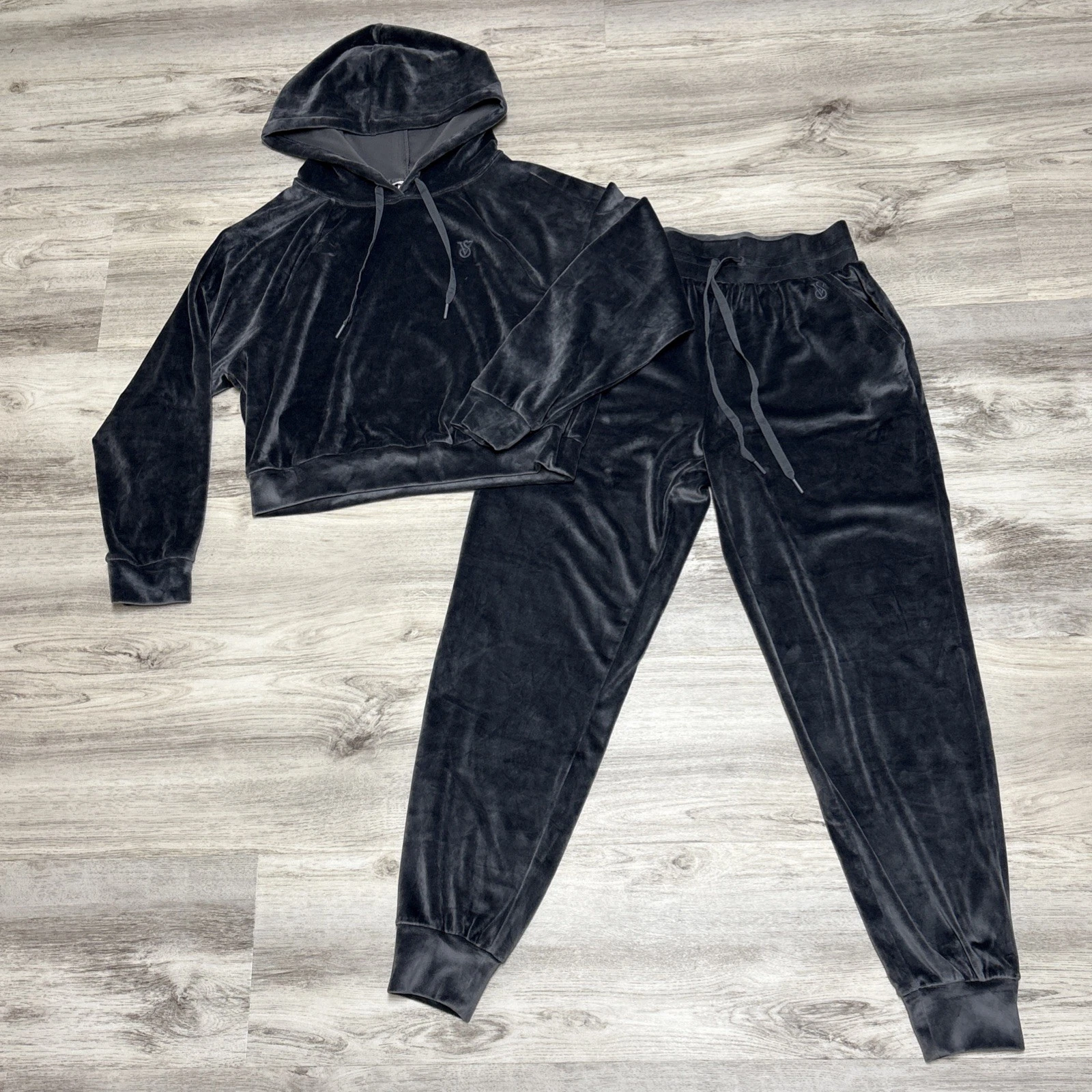 Victorias Secret Velour Tracksuit Set Size S Jogger Pants & M Hoodie Silver Gray