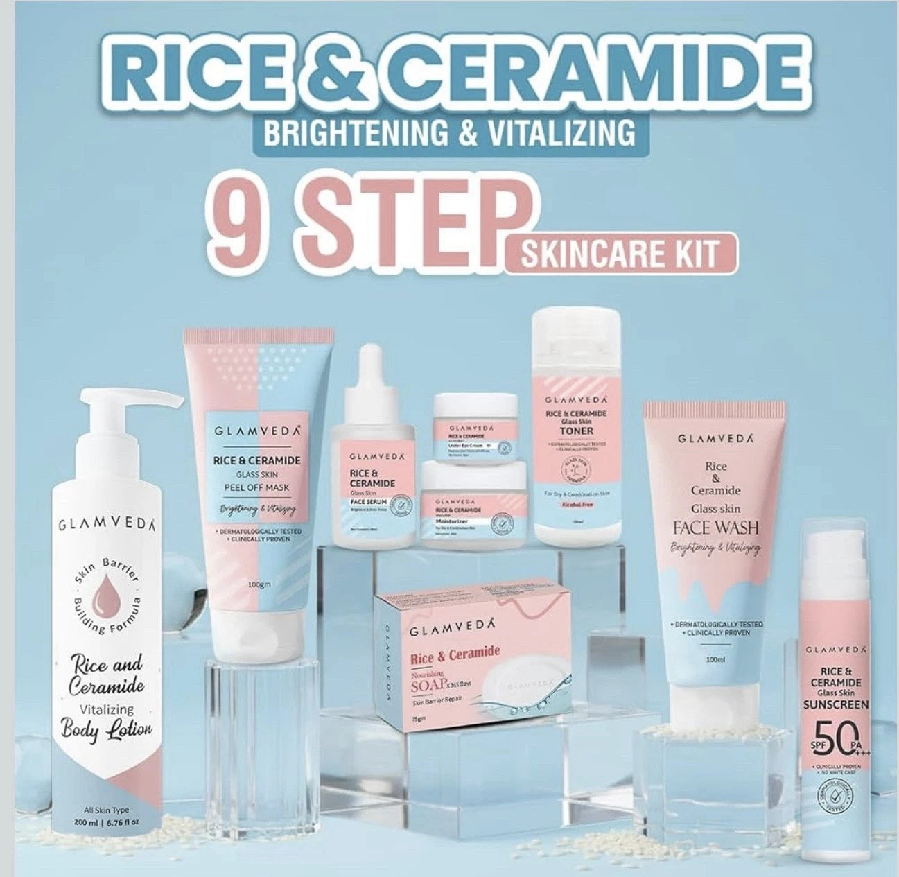 Glamveda Korean Rice & Ceramide 9 Step Skincare Routine For Men And Women