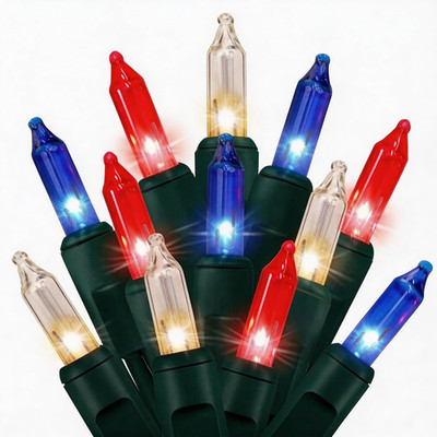 Red White and Blue Lights Clear Mini Lights Green Wire UL Certified Connectable