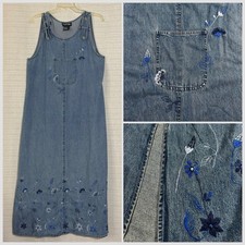 Vintage Jamie Brooke Denim Midi Dress Embroidered Floral 90s Boho Cottagecore M