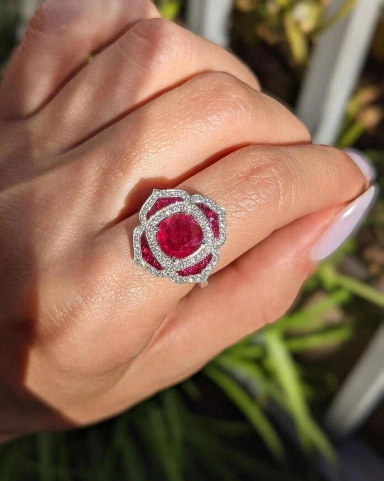 Solid 14K White Gold Cushion Cut 2.80 Ct Natural Ruby & Diamond Wedding Ring - Image 3 of 4