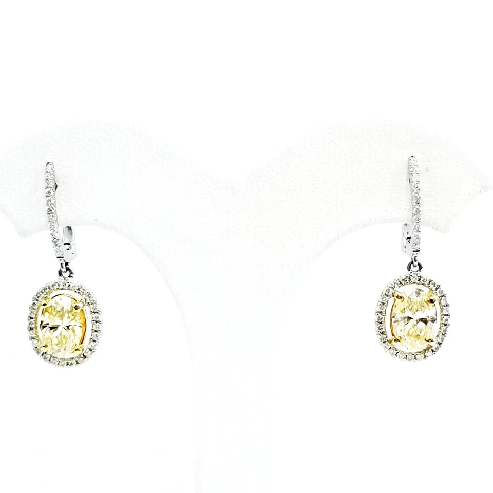 2CT Diamond Drop Earrings 18K White Gold Natural Oval Cut Brilliant Yellow Color - Image 4 of 4