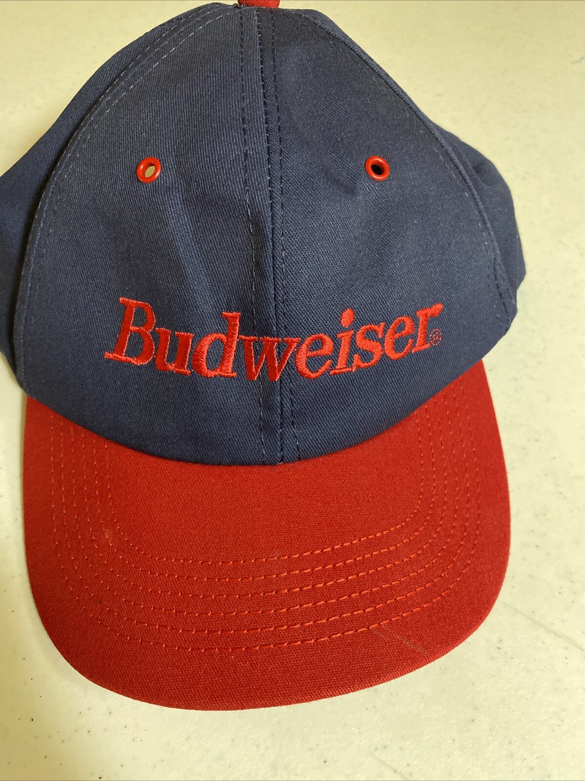 Vintage Budweiser Adjustable Hat Made In USA Blue and Red SnapBack Cap EUC VTG