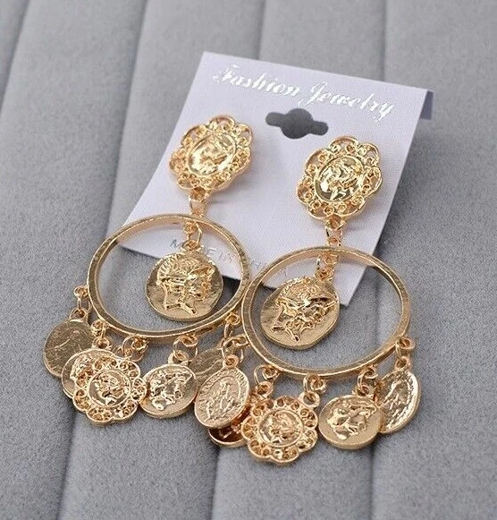 Gold Coin Earrings Pierced Coins Metal Dangle Drop Vintage Style