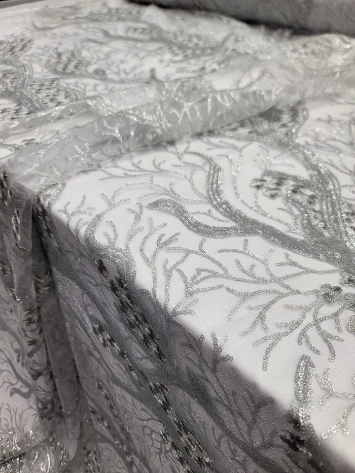 Silver sequin lace floral flowers on embroidered tree fabric sold by the yard - Image 4 of 4