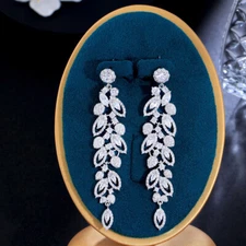 White Gold Plated Cubic Zirconia CZ Tennis Long Round Leaf Dangle Drop Earrings